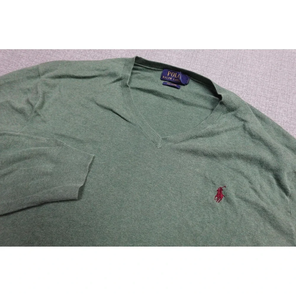 Polo Ralph Lauren Sweater Mens XL Green Pima Cotton V Neck Pony Logo Lightweight